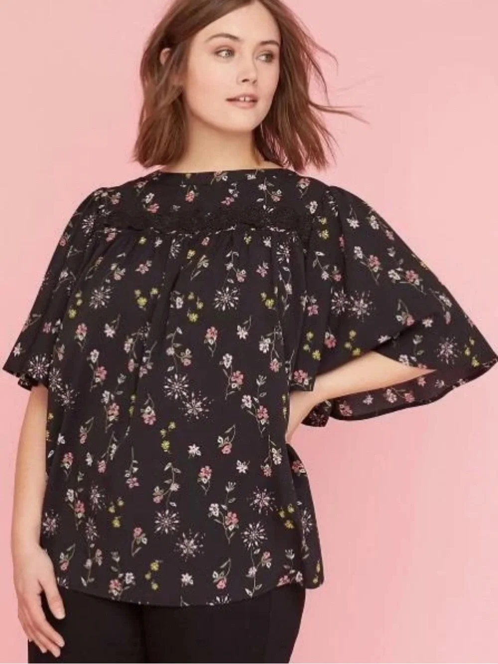 Lane Bryant Women’s Plus Size 28 Moroccan Floral Lace Trim Bell Sleeve Top Black